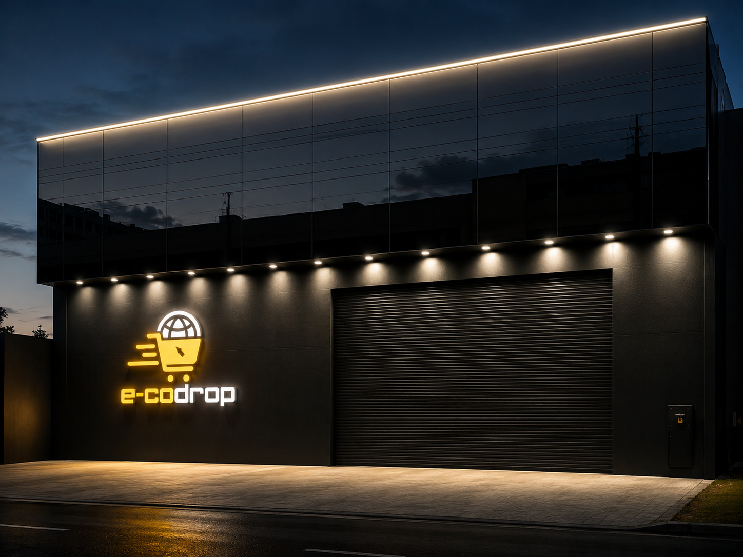 Fachada do galpão Eco Drop iluminado à noite