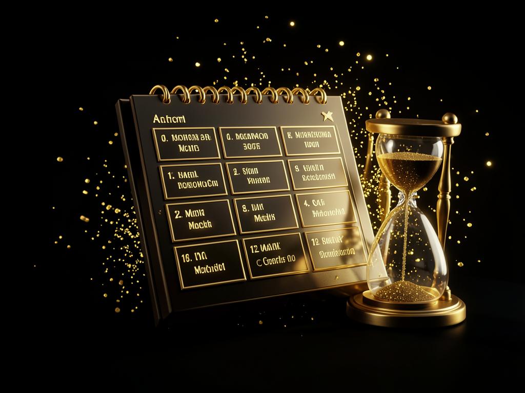 Calendário dourado de 12 meses com ampulheta simbolizando 1 ano de acesso