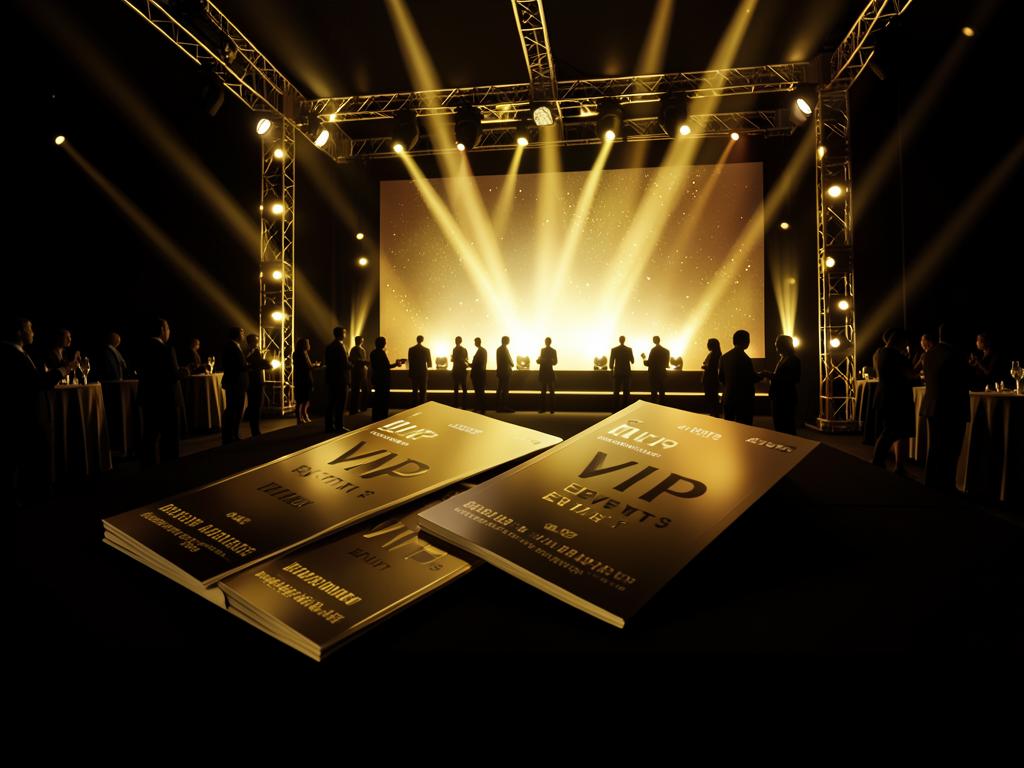 Ingressos VIP dourados em evento do mercado com palco iluminado