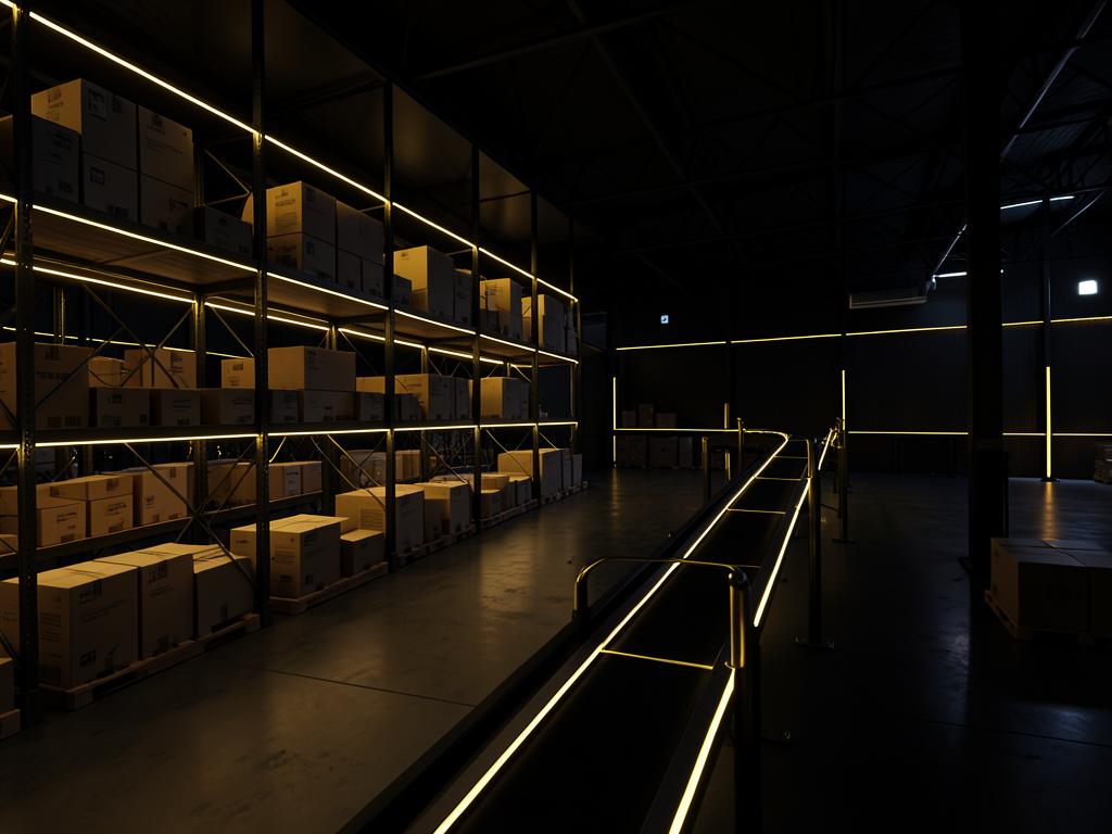 Interior do galpão da operação Eco Drop com iluminação dourada