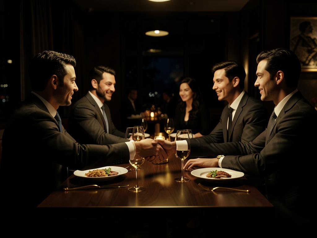 Almoço de negócios com aperto de mãos em restaurante elegante